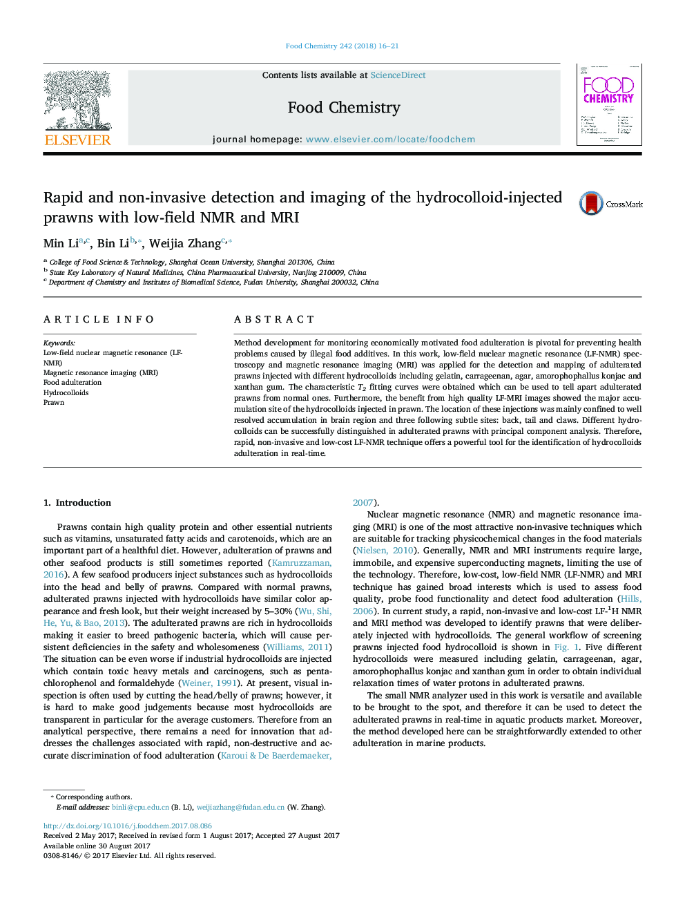 Rapid and non-invasive detection and imaging of the hydrocolloid-injected prawns with low-field NMR and MRI