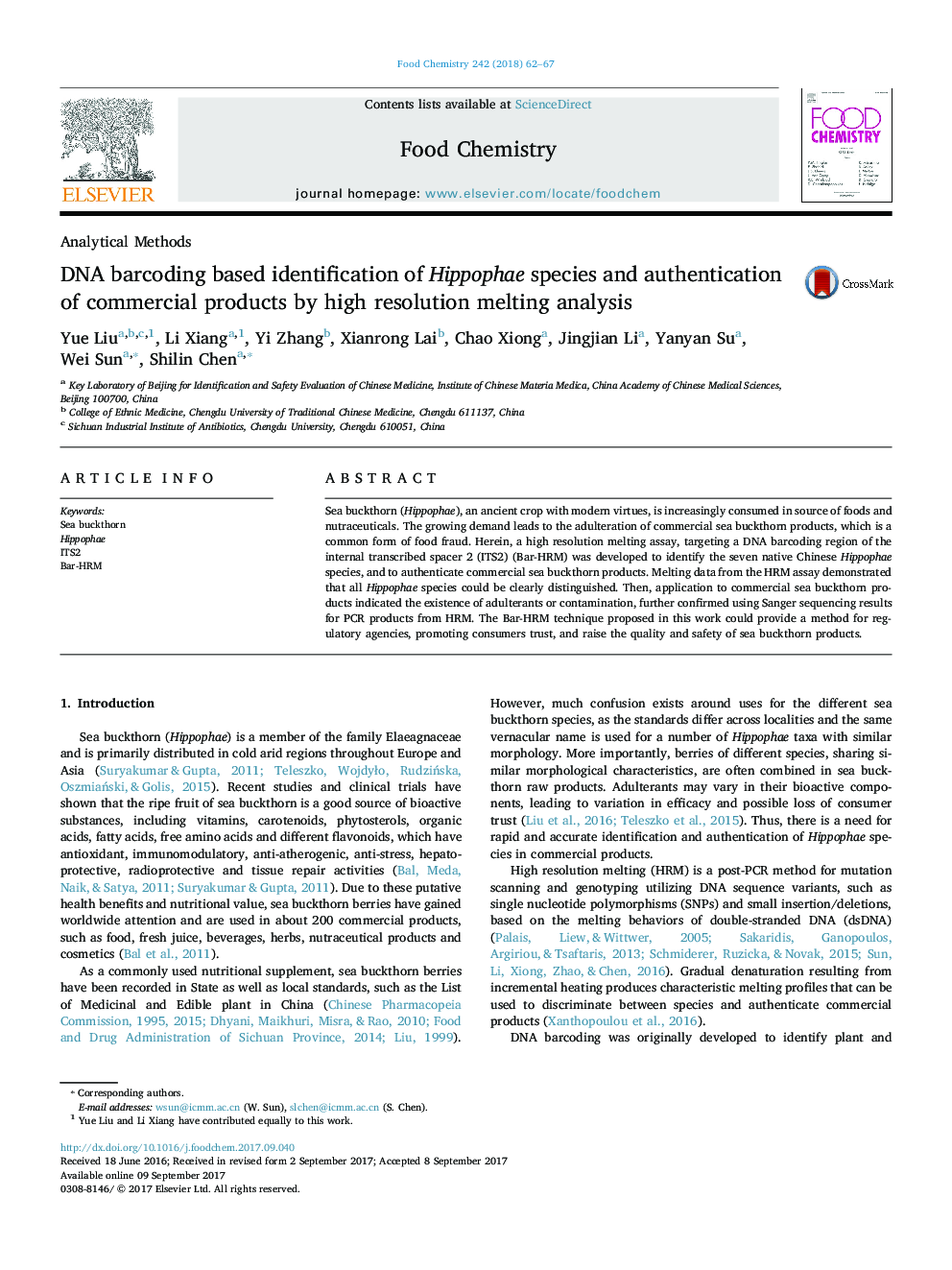 DNA barcoding based identification of Hippophae species and authentication of commercial products by high resolution melting analysis