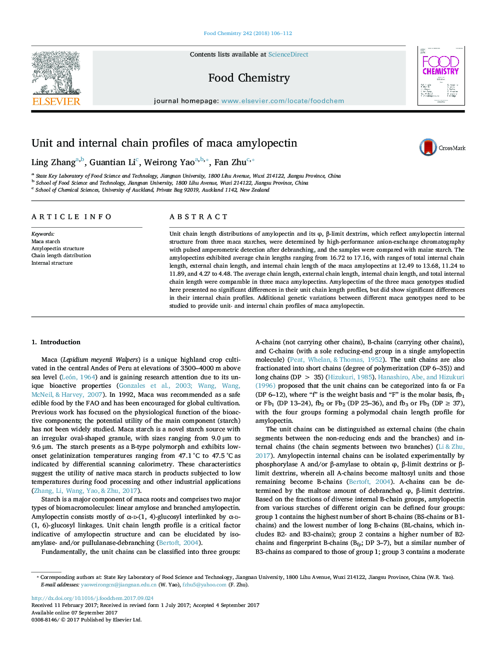 Unit and internal chain profiles of maca amylopectin