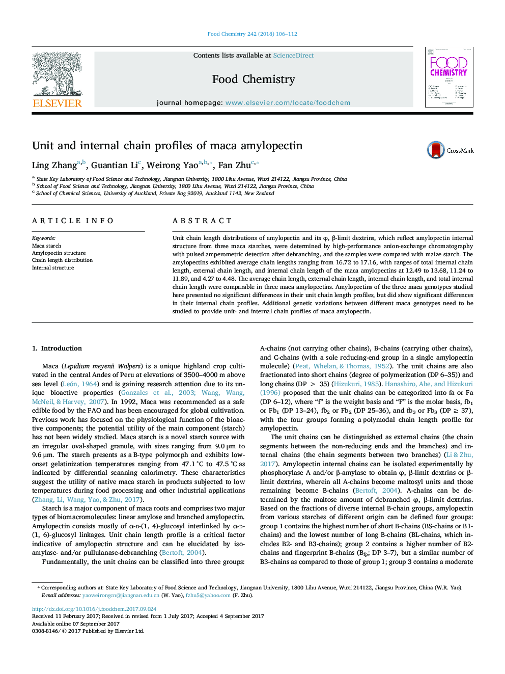 عکس صفحه اول مقاله: Unit and internal chain profiles of maca amylopectin Unit and internal chain profiles of maca amylopectin