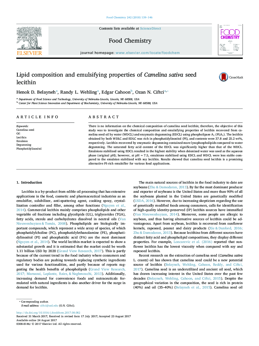 Lipid composition and emulsifying properties of Camelina sativa seed lecithin