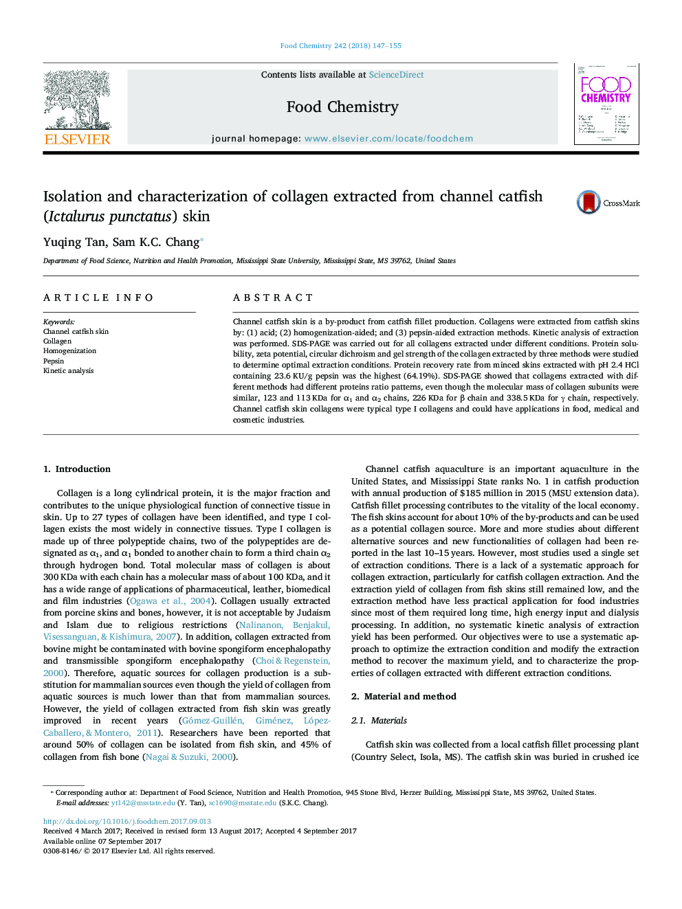 Isolation and characterization of collagen extracted from channel catfish (Ictalurus punctatus) skin