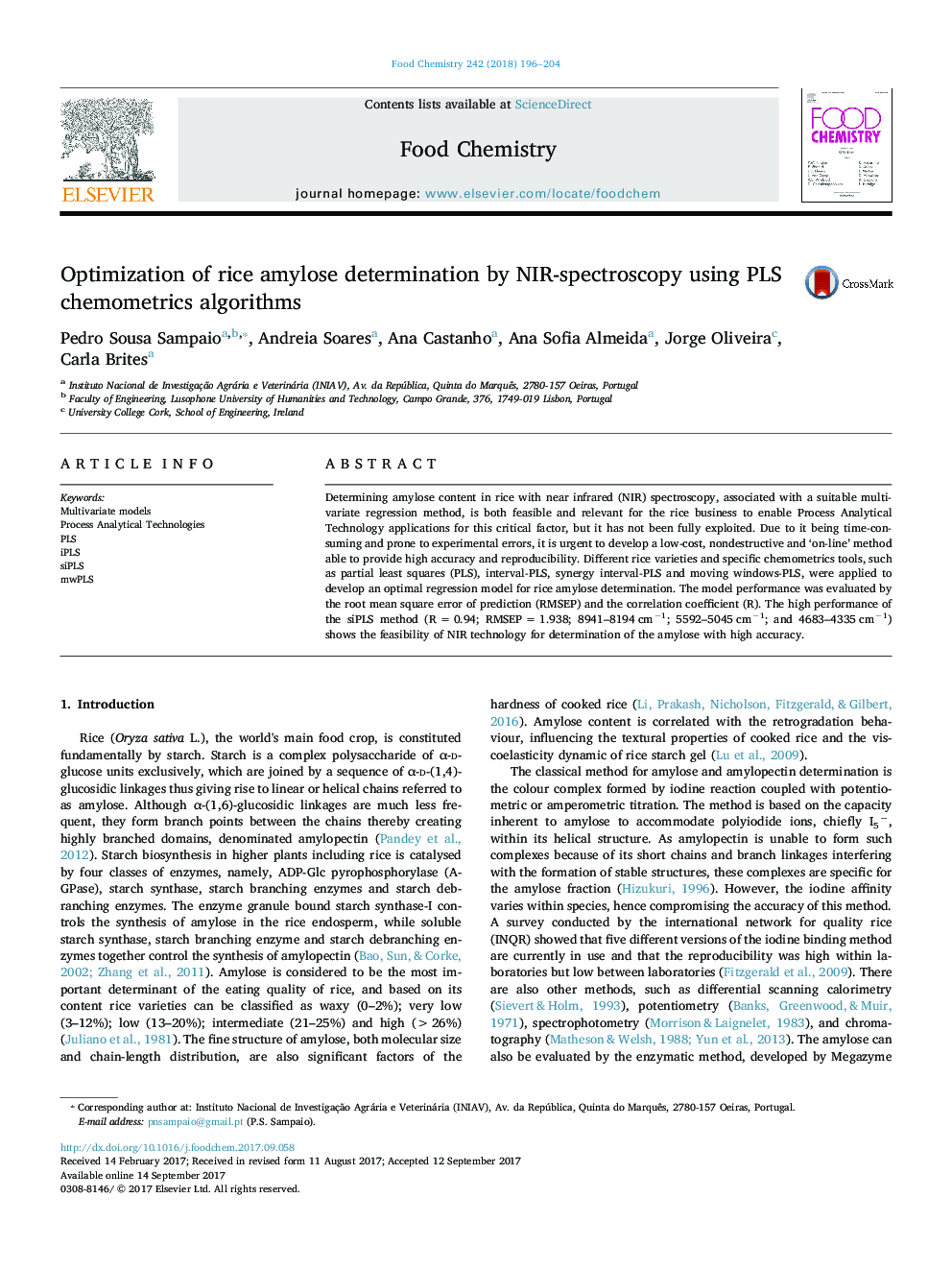 Optimization of rice amylose determination by NIR-spectroscopy using PLS chemometrics algorithms