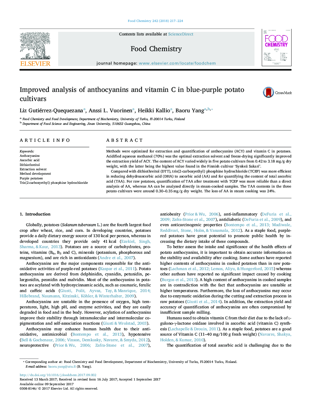 Improved analysis of anthocyanins and vitamin C in blue-purple potato cultivars