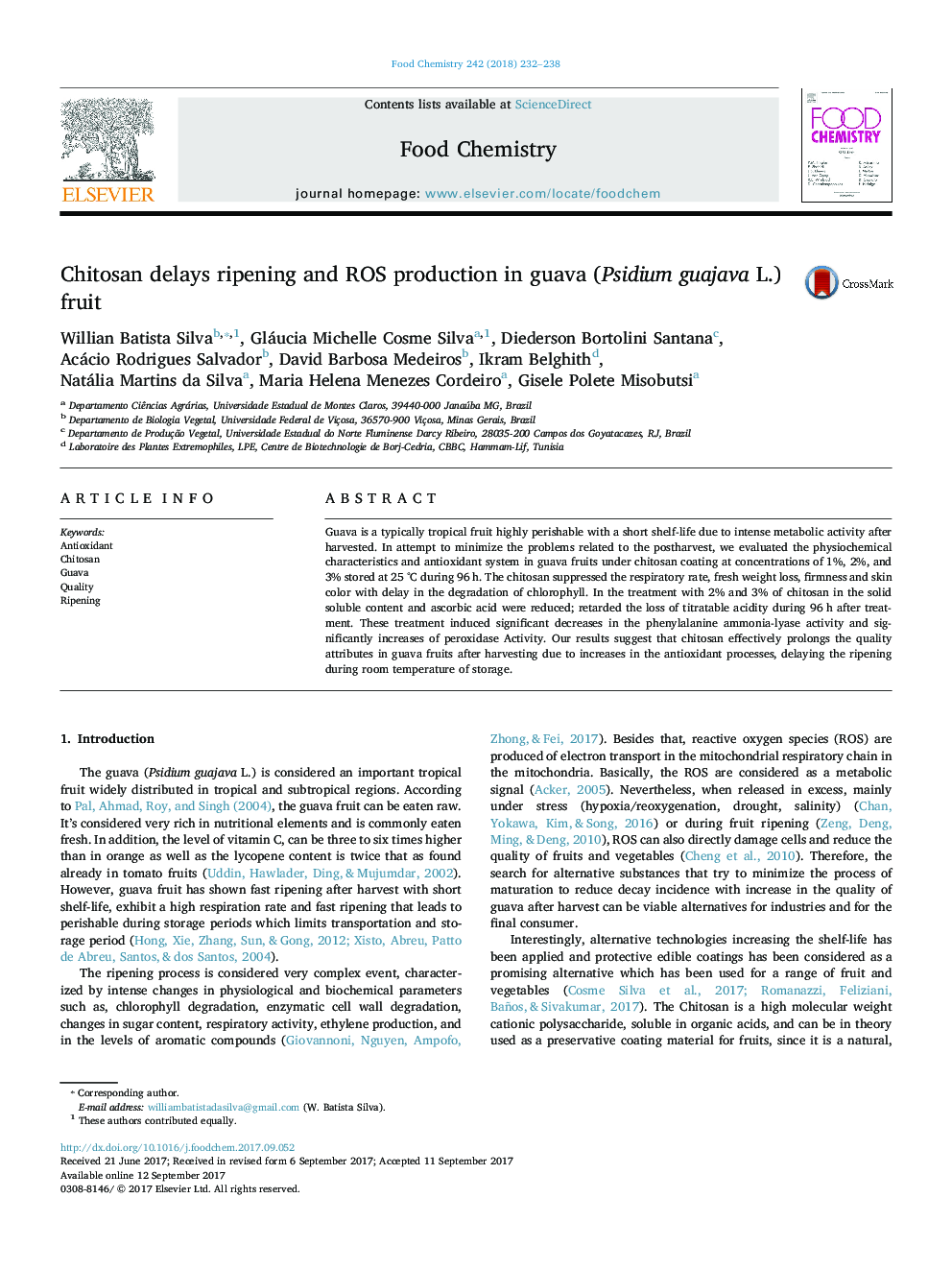 Chitosan delays ripening and ROS production in guava (Psidium guajava L.) fruit