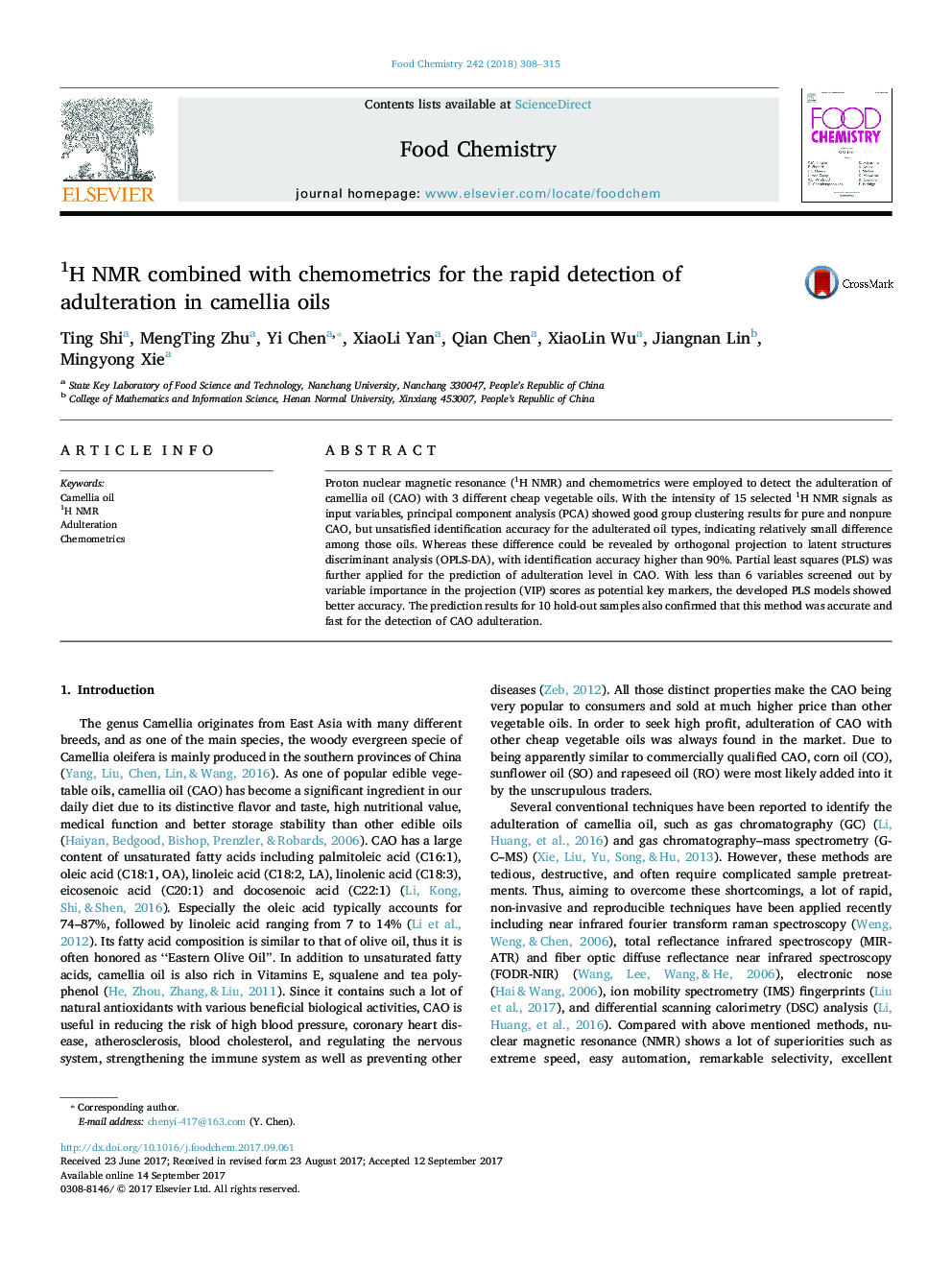 1H NMR combined with chemometrics for the rapid detection of adulteration in camellia oils