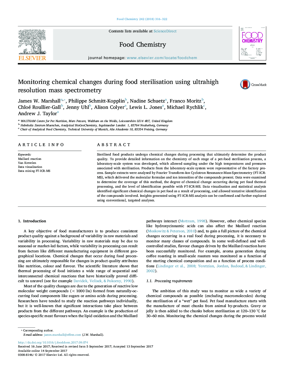 Monitoring chemical changes during food sterilisation using ultrahigh resolution mass spectrometry