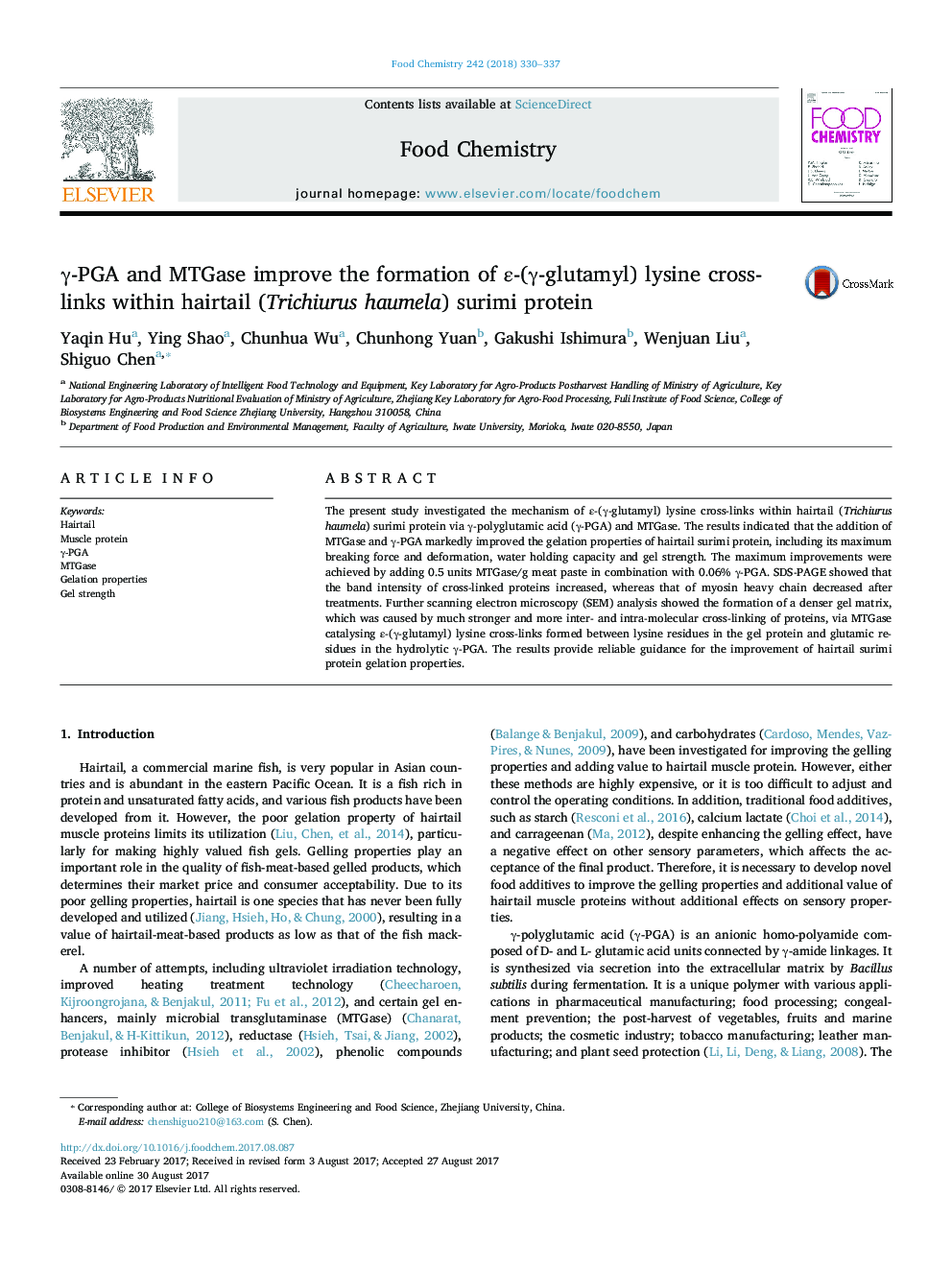 Î³-PGA and MTGase improve the formation of Îµ-(Î³-glutamyl) lysine cross-links within hairtail (Trichiurus haumela) surimi protein