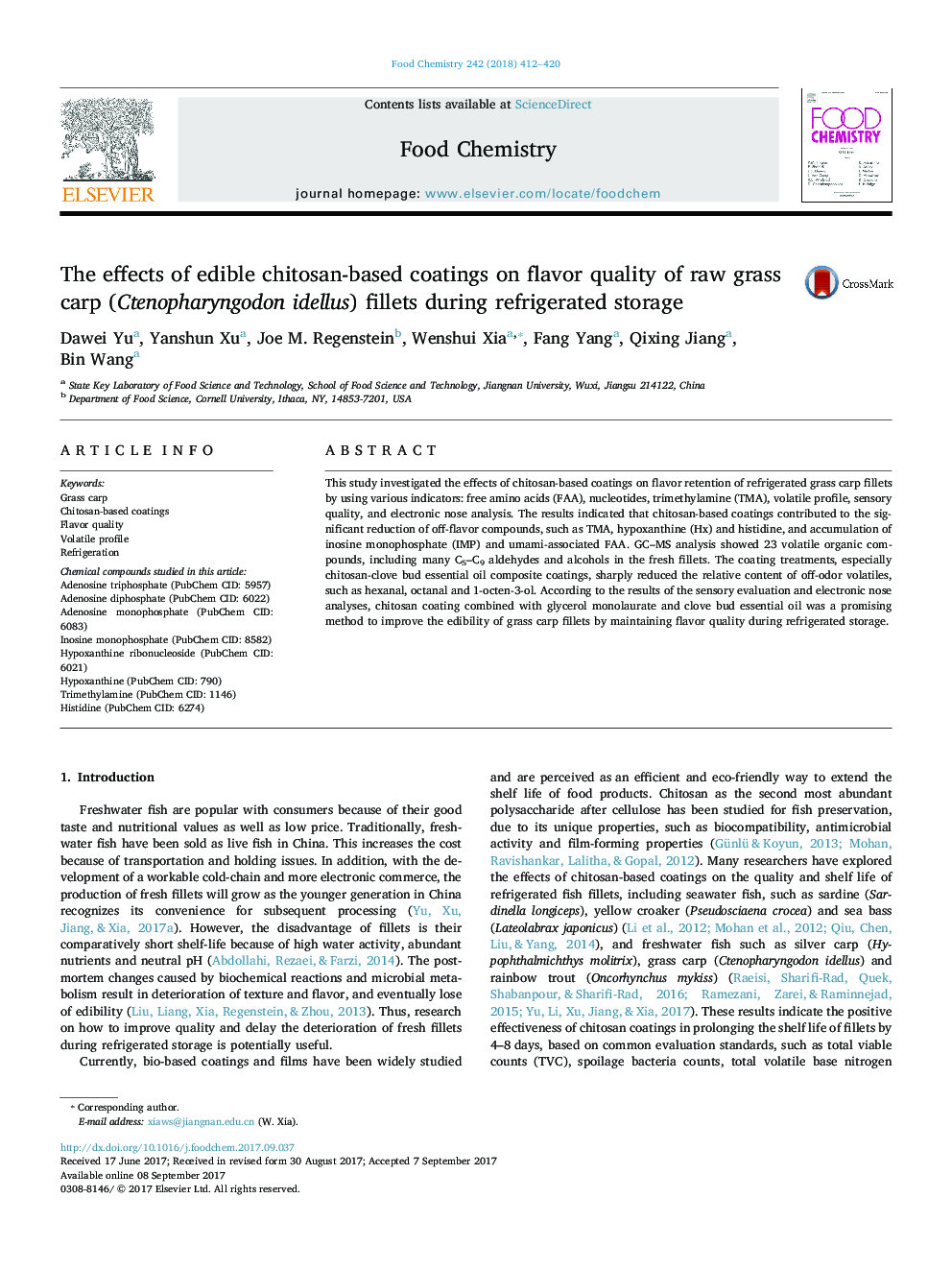 The effects of edible chitosan-based coatings on flavor quality of raw grass carp (Ctenopharyngodon idellus) fillets during refrigerated storage