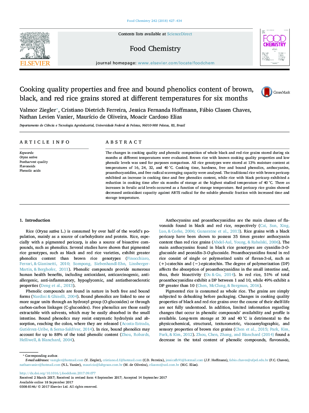 Cooking quality properties and free and bound phenolics content of brown, black, and red rice grains stored at different temperatures for six months