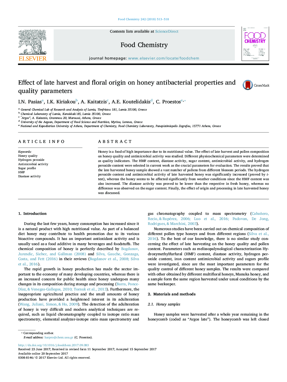 Effect of late harvest and floral origin on honey antibacterial properties and quality parameters