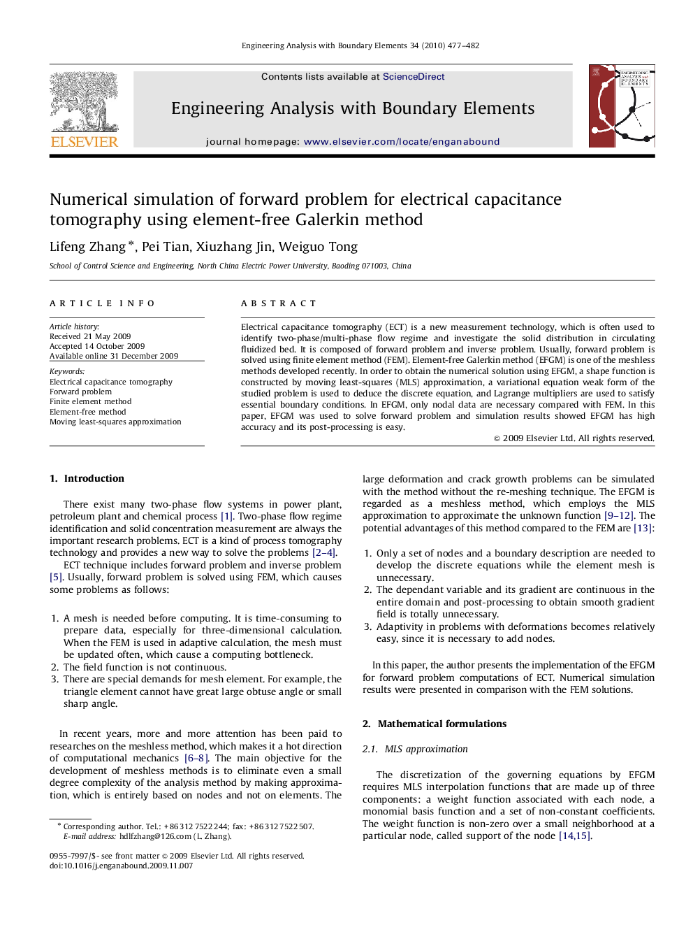 Numerical simulation of forward problem for electrical capacitance tomography using element-free Galerkin method