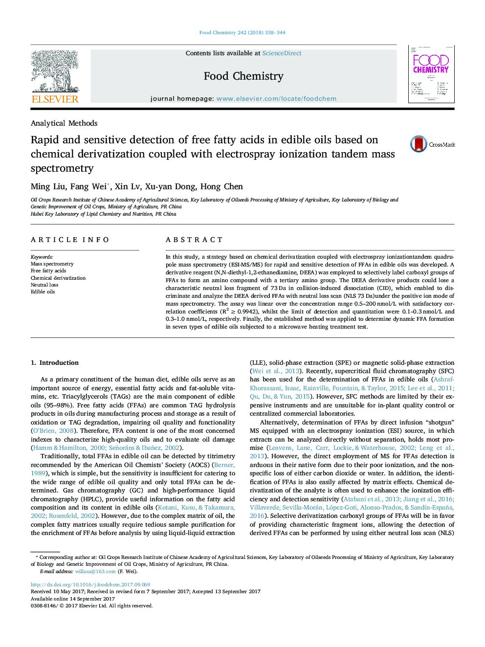 Analytical MethodsRapid and sensitive detection of free fatty acids in edible oils based on chemical derivatization coupled with electrospray ionization tandem mass spectrometry