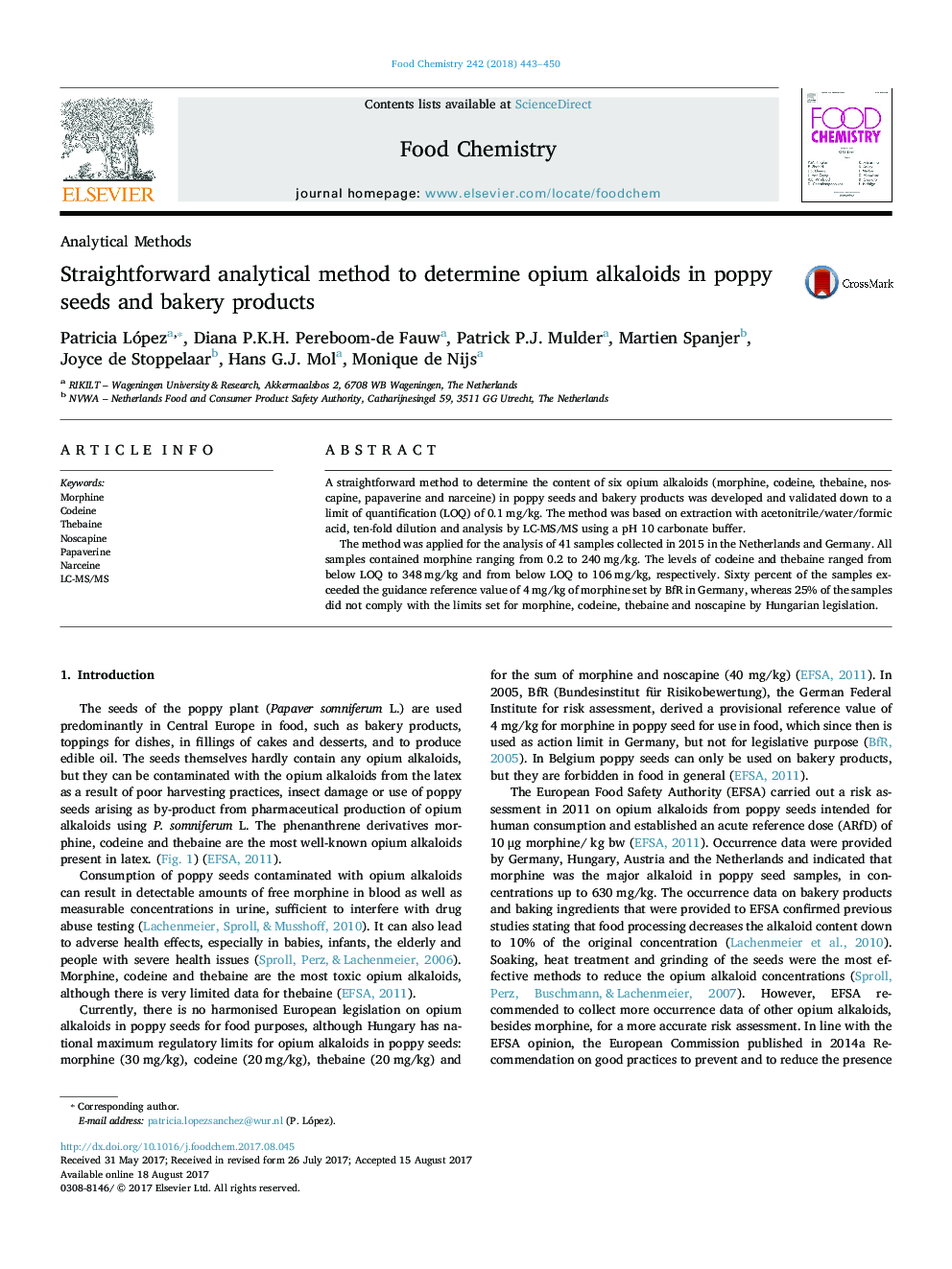 Analytical MethodsStraightforward analytical method to determine opium alkaloids in poppy seeds and bakery products