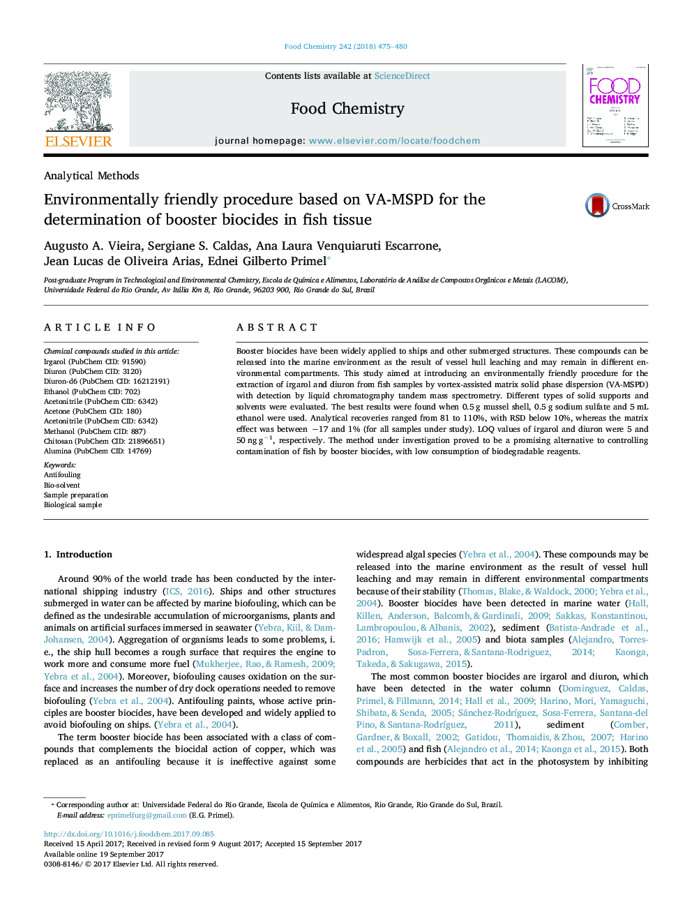 Environmentally friendly procedure based on VA-MSPD for the determination of booster biocides in fish tissue