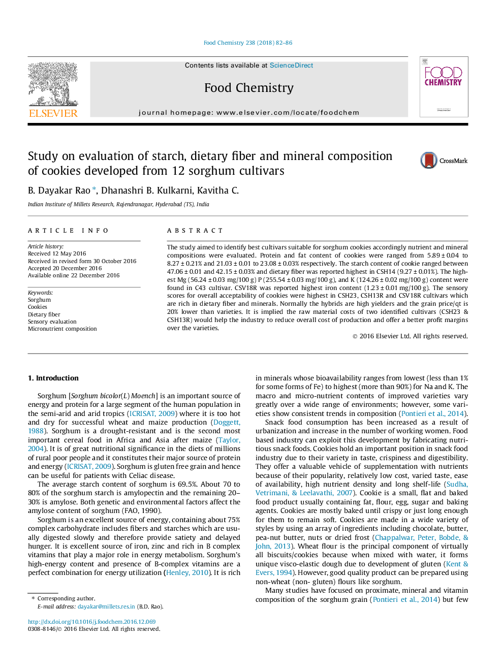 Study on evaluation of starch, dietary fiber and mineral composition of cookies developed from 12 sorghum cultivars