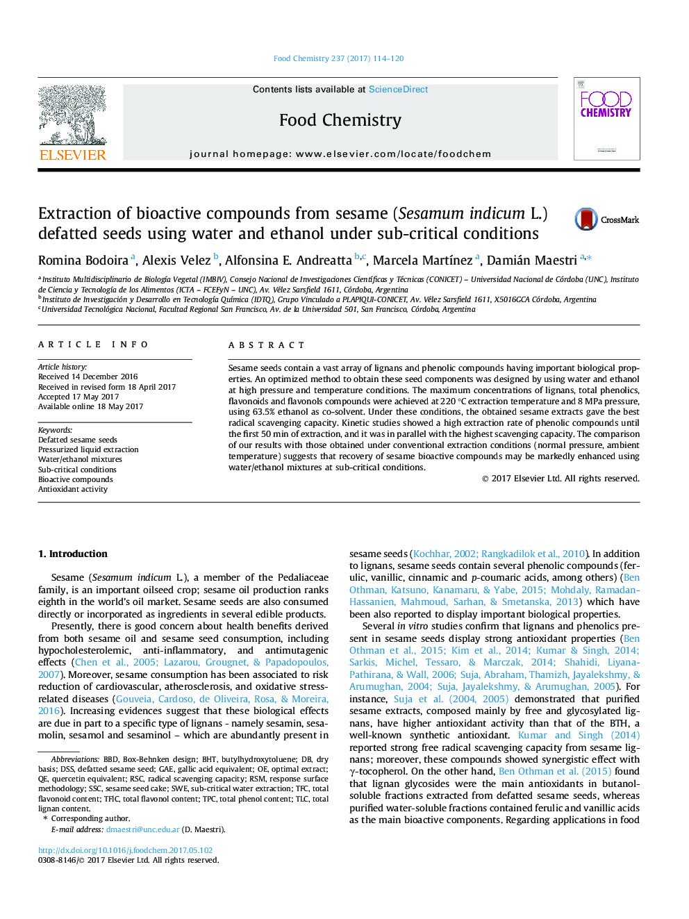 Extraction of bioactive compounds from sesame (Sesamum indicum L.) defatted seeds using water and ethanol under sub-critical conditions