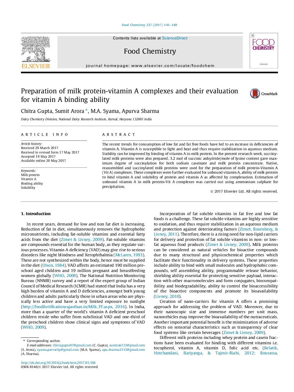 Preparation of milk protein-vitamin A complexes and their evaluation for vitamin A binding ability