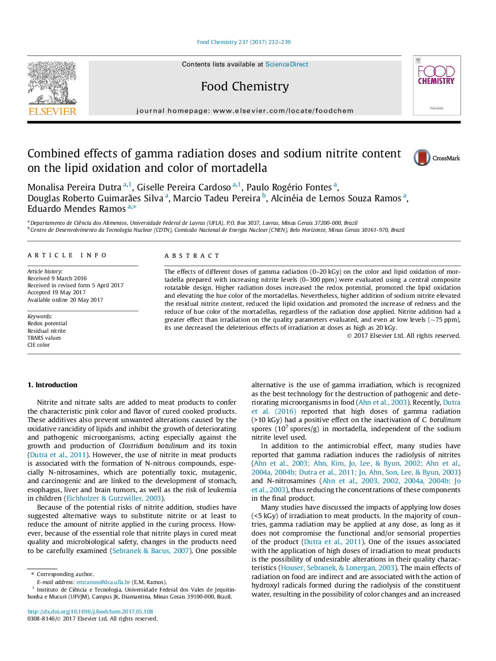 Combined effects of gamma radiation doses and sodium nitrite content on the lipid oxidation and color of mortadella