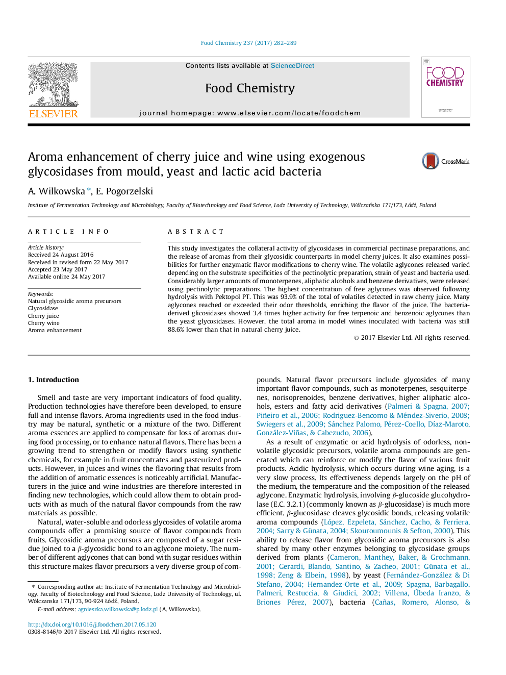 Aroma enhancement of cherry juice and wine using exogenous glycosidases from mould, yeast and lactic acid bacteria