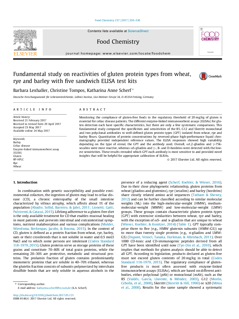 Fundamental study on reactivities of gluten protein types from wheat, rye and barley with five sandwich ELISA test kits