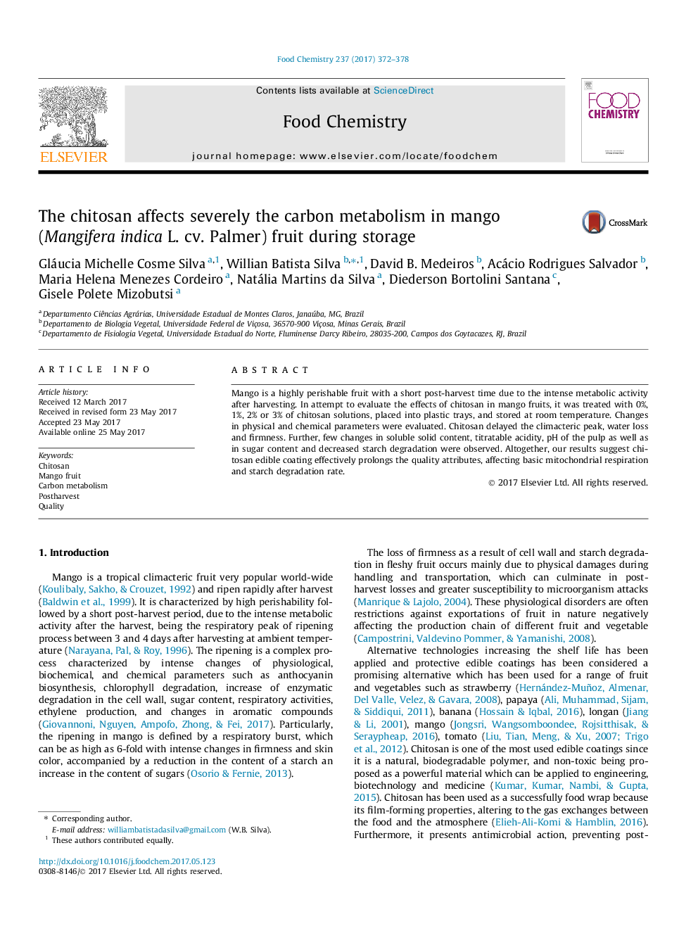 The chitosan affects severely the carbon metabolism in mango (Mangifera indica L. cv. Palmer) fruit during storage