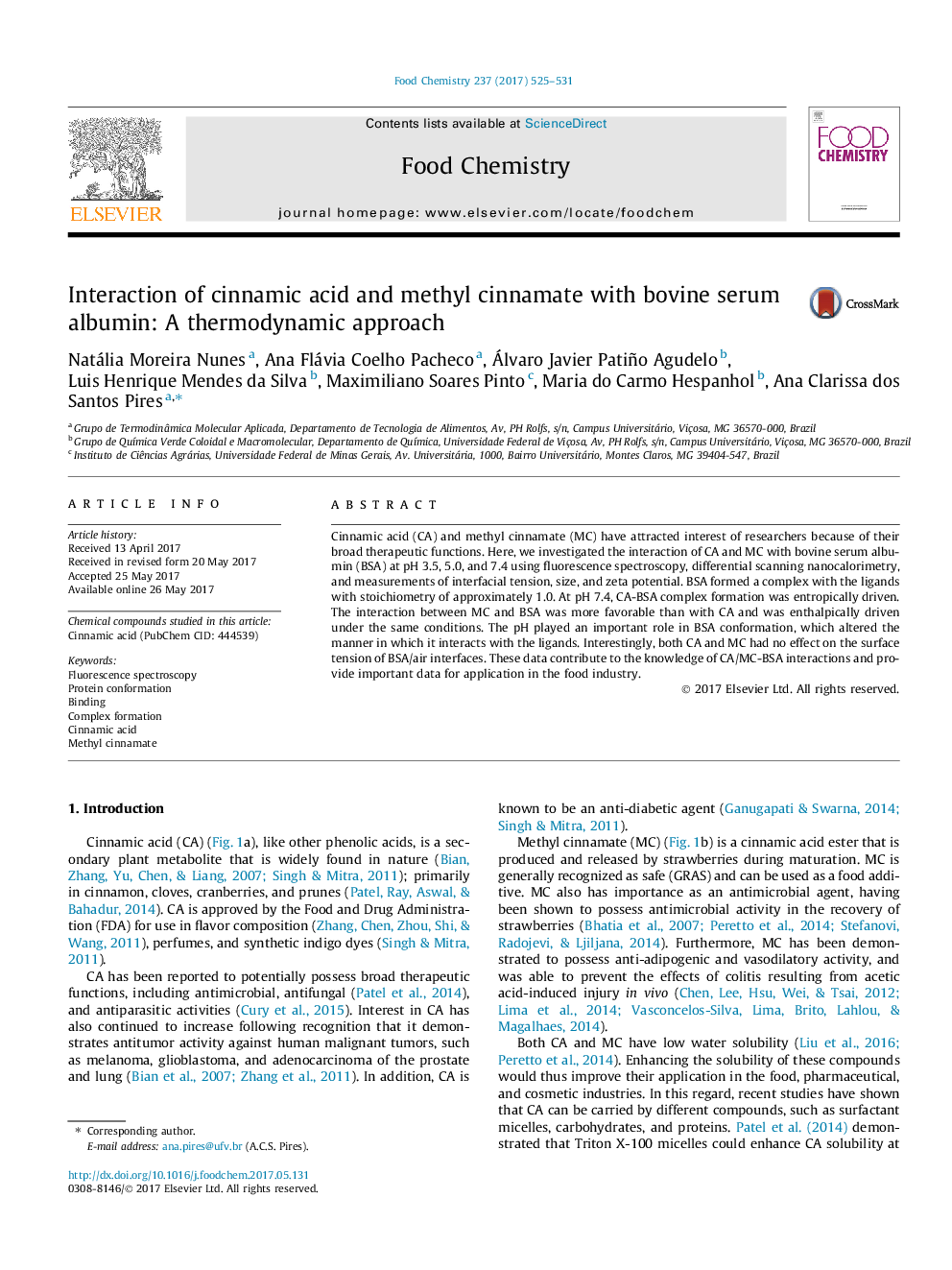 عکس صفحه اول مقاله: Interaction of cinnamic acid and methyl cinnamate with bovine serum albumin: A thermodynamic approach Interaction of cinnamic acid and methyl cinnamate with bovine serum albumin: A thermodynamic approach
