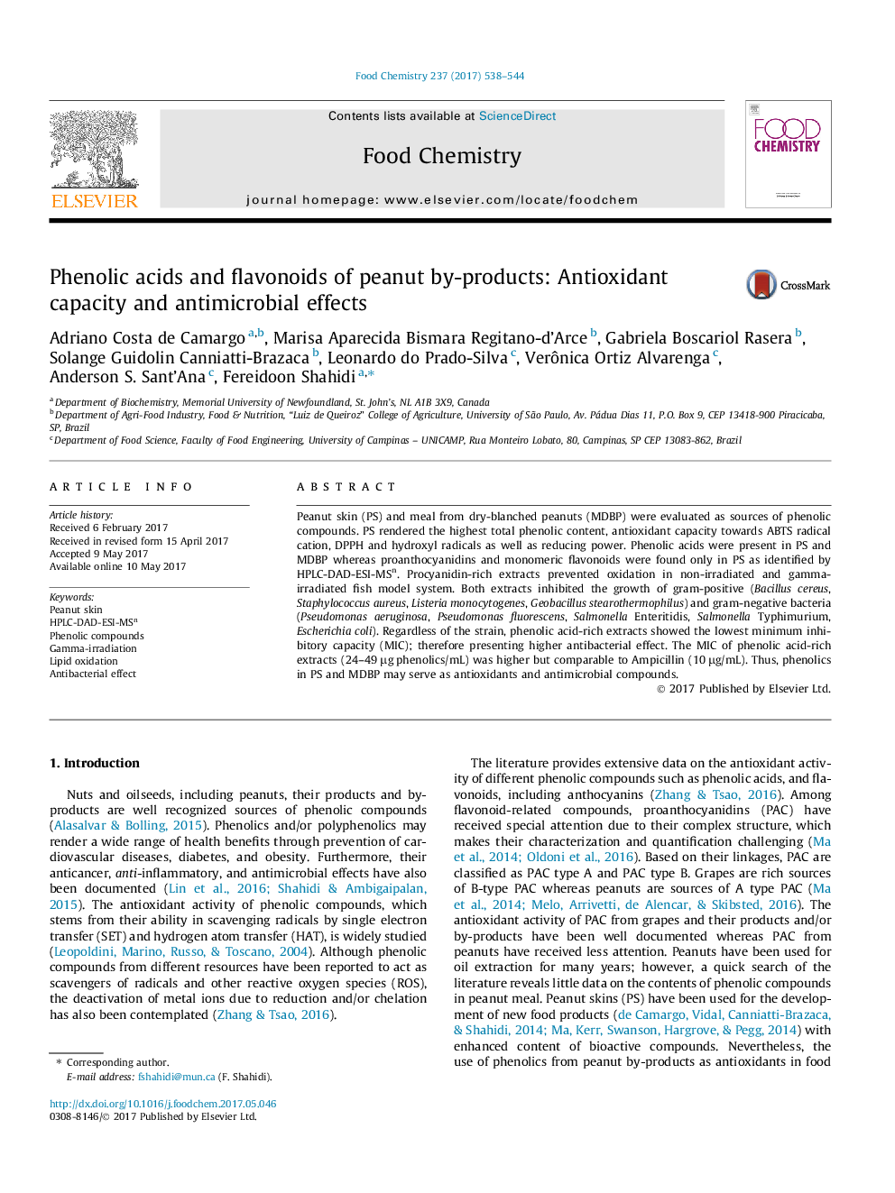 Phenolic acids and flavonoids of peanut by-products: Antioxidant capacity and antimicrobial effects