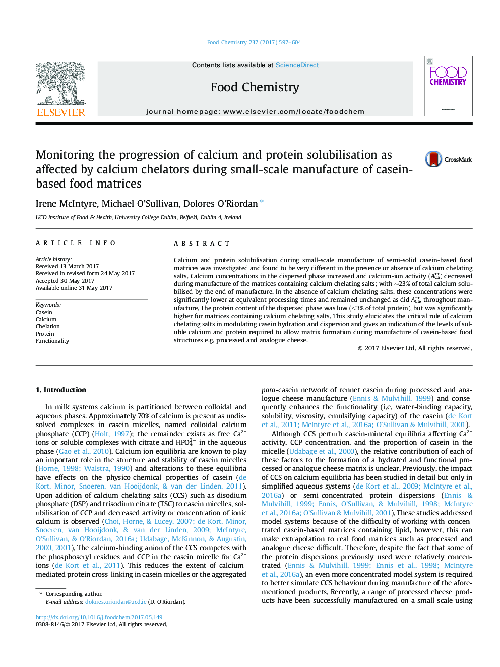 Monitoring the progression of calcium and protein solubilisation as affected by calcium chelators during small-scale manufacture of casein-based food matrices