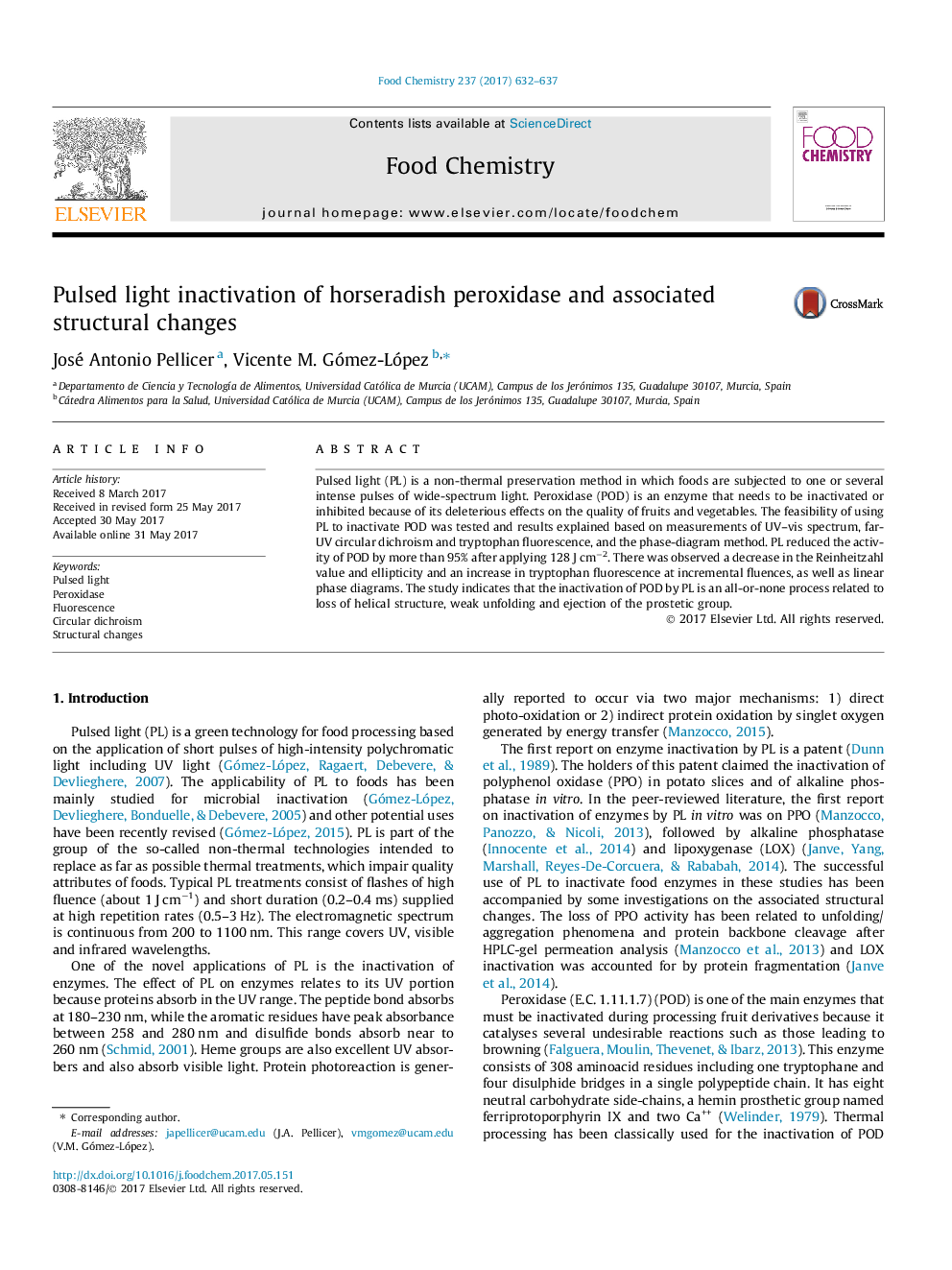 Pulsed light inactivation of horseradish peroxidase and associated structural changes