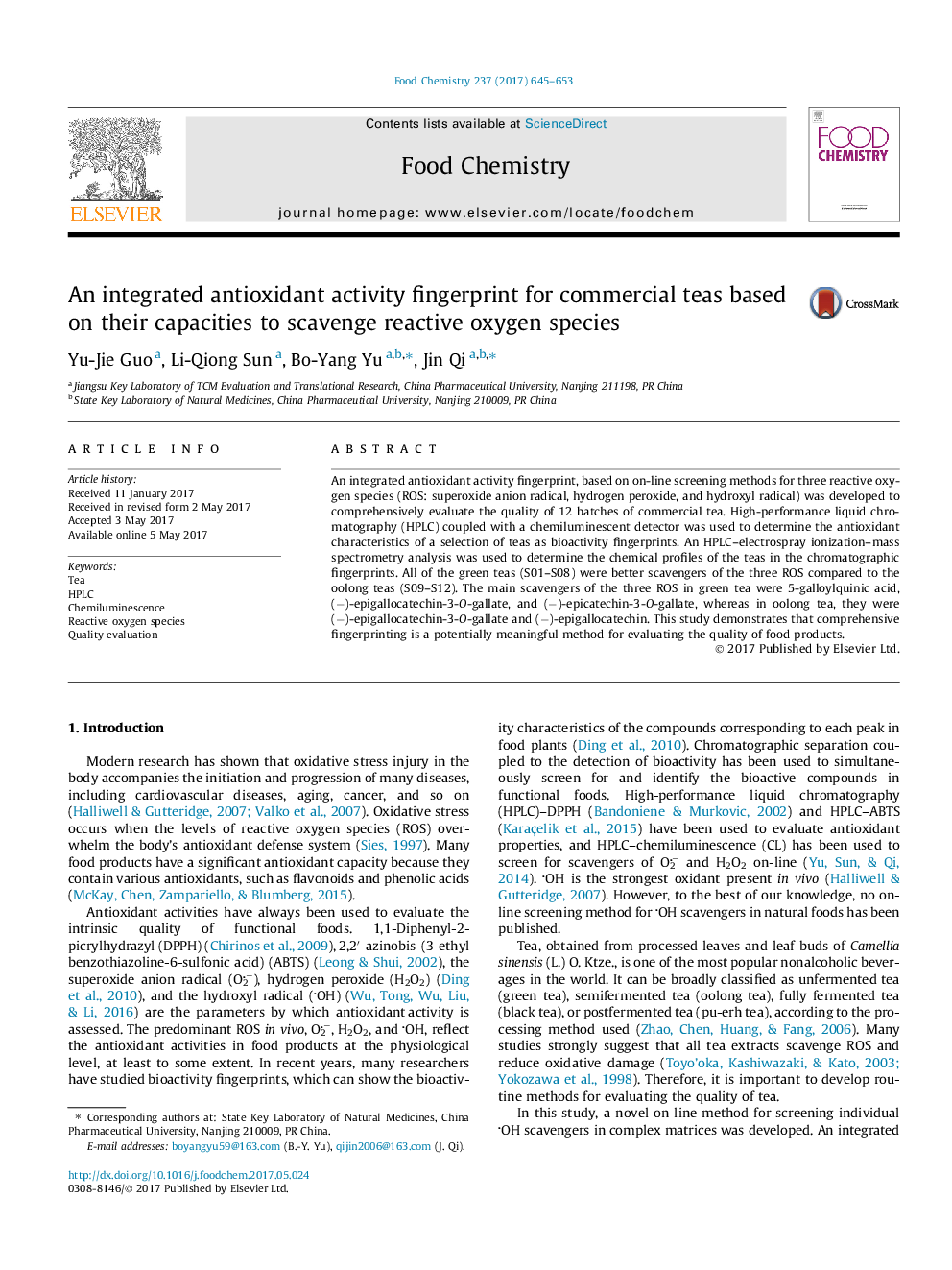 An integrated antioxidant activity fingerprint for commercial teas based on their capacities to scavenge reactive oxygen species