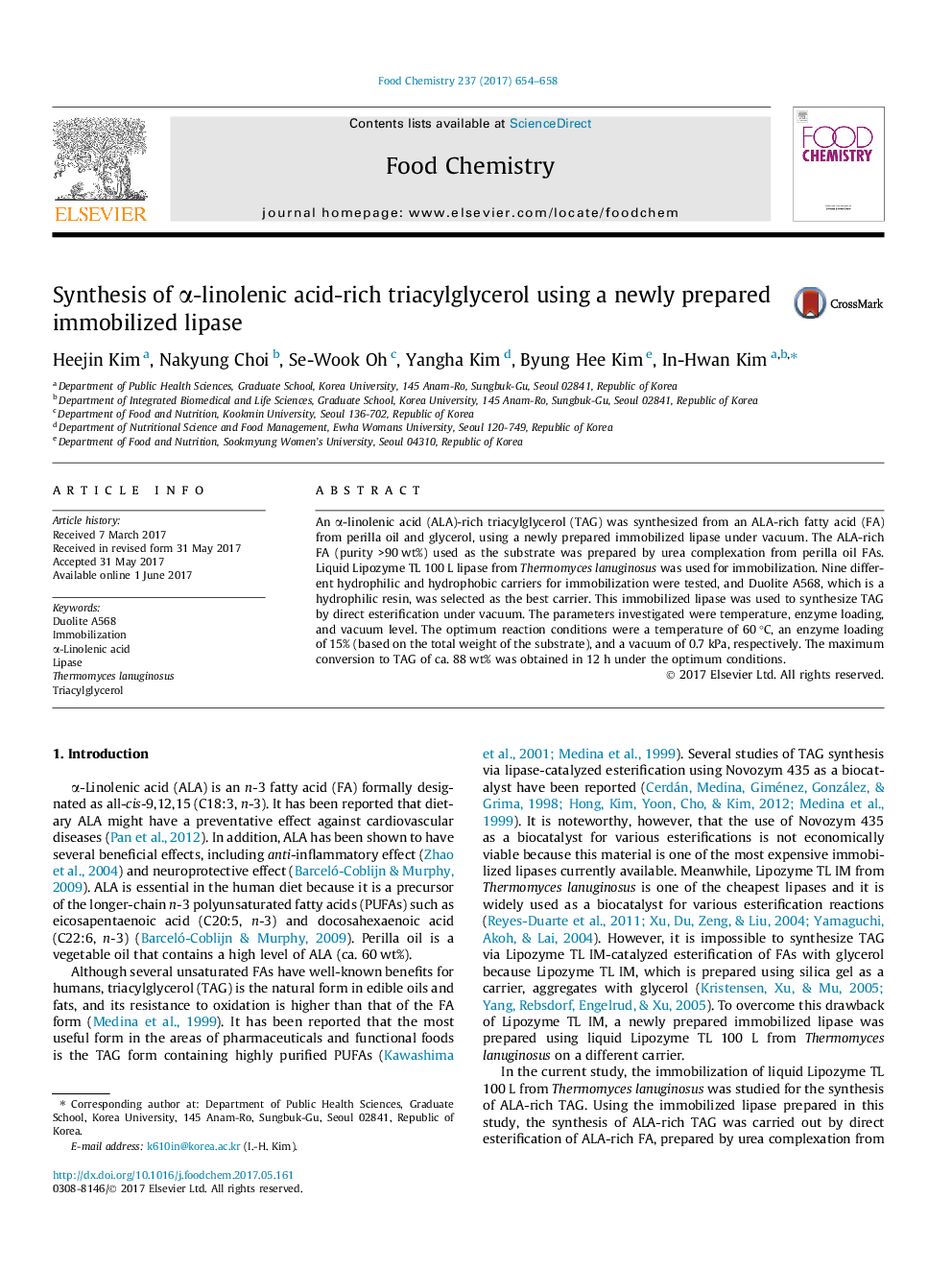 عکس صفحه اول مقاله: Synthesis of α-linolenic acid-rich triacylglycerol using a newly prepared immobilized lipase Synthesis of α-linolenic acid-rich triacylglycerol using a newly prepared immobilized lipase