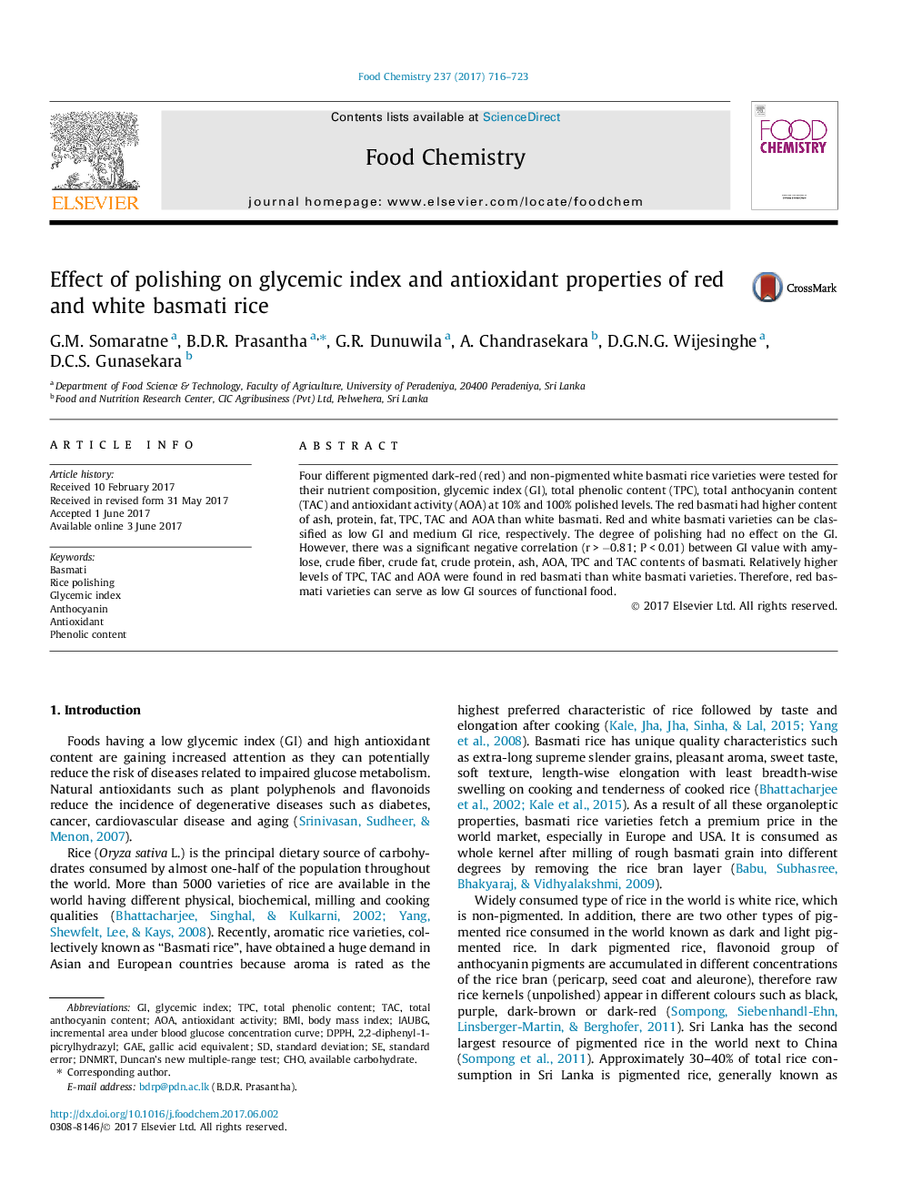 Effect of polishing on glycemic index and antioxidant properties of red and white basmati rice