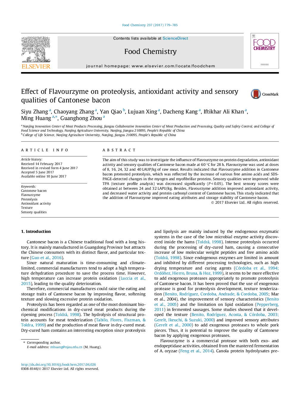 Effect of Flavourzyme on proteolysis, antioxidant activity and sensory qualities of Cantonese bacon