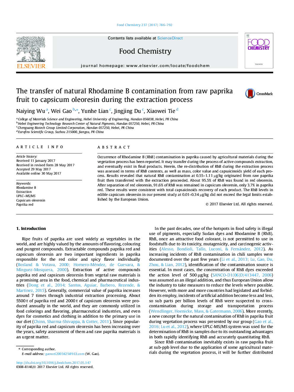 The transfer of natural Rhodamine B contamination from raw paprika fruit to capsicum oleoresin during the extraction process