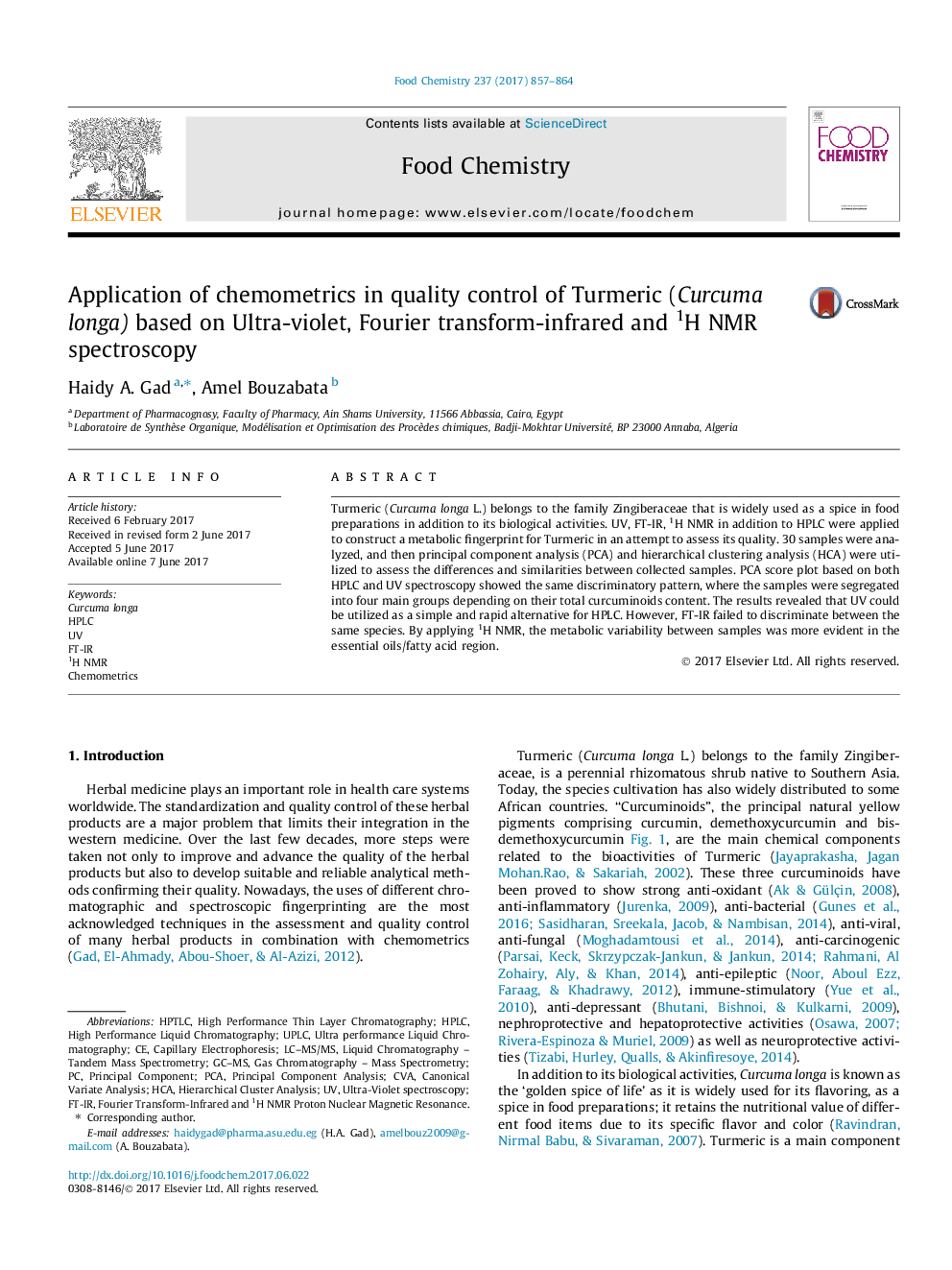 Application of chemometrics in quality control of Turmeric (Curcuma longa) based on Ultra-violet, Fourier transform-infrared and 1H NMR spectroscopy