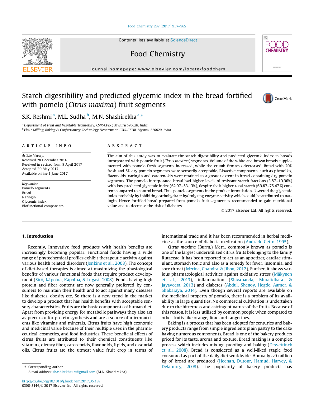 Starch digestibility and predicted glycemic index in the bread fortified with pomelo (Citrus maxima) fruit segments