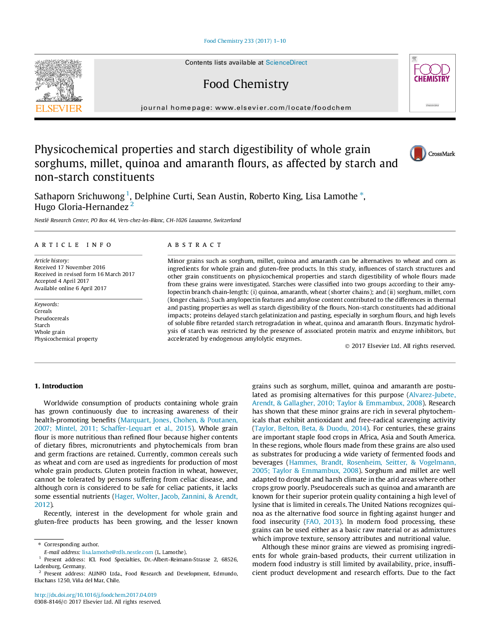 Physicochemical properties and starch digestibility of whole grain sorghums, millet, quinoa and amaranth flours, as affected by starch and non-starch constituents