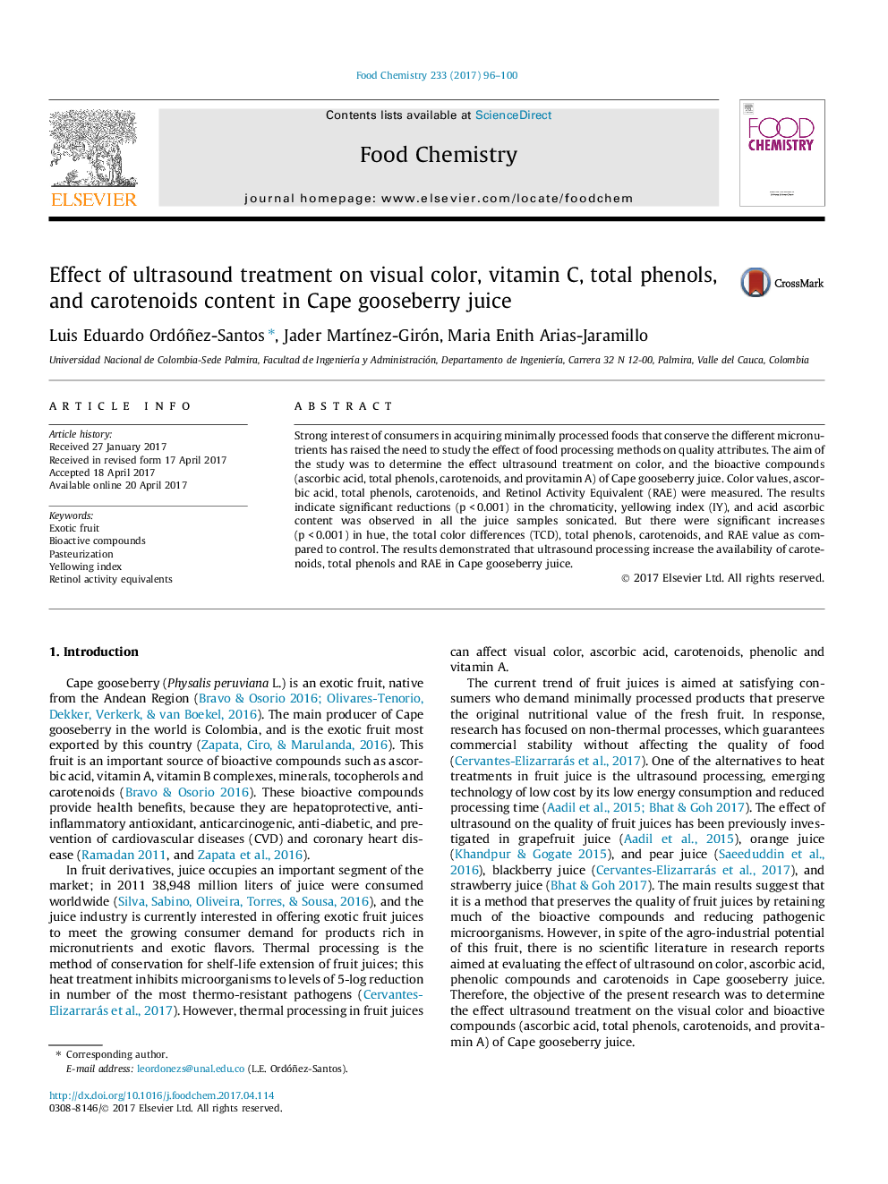 Effect of ultrasound treatment on visual color, vitamin C, total phenols, and carotenoids content in Cape gooseberry juice