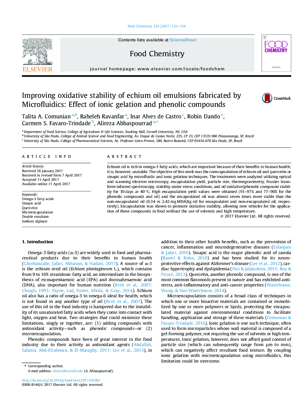عکس صفحه اول مقاله: Improving oxidative stability of echium oil emulsions fabricated by Microfluidics: Effect of ionic gelation and phenolic compounds Improving oxidative stability of echium oil emulsions fabricated by Microfluidics: Effect of ionic gelation and phenolic compounds