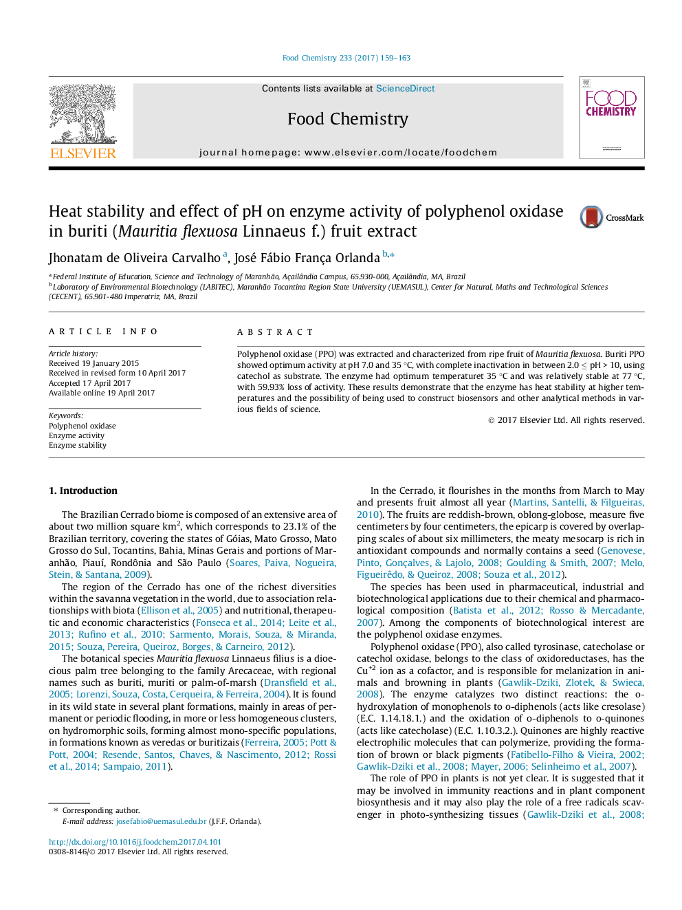 Heat stability and effect of pH on enzyme activity of polyphenol oxidase in buriti (Mauritia flexuosa Linnaeus f.) fruit extract