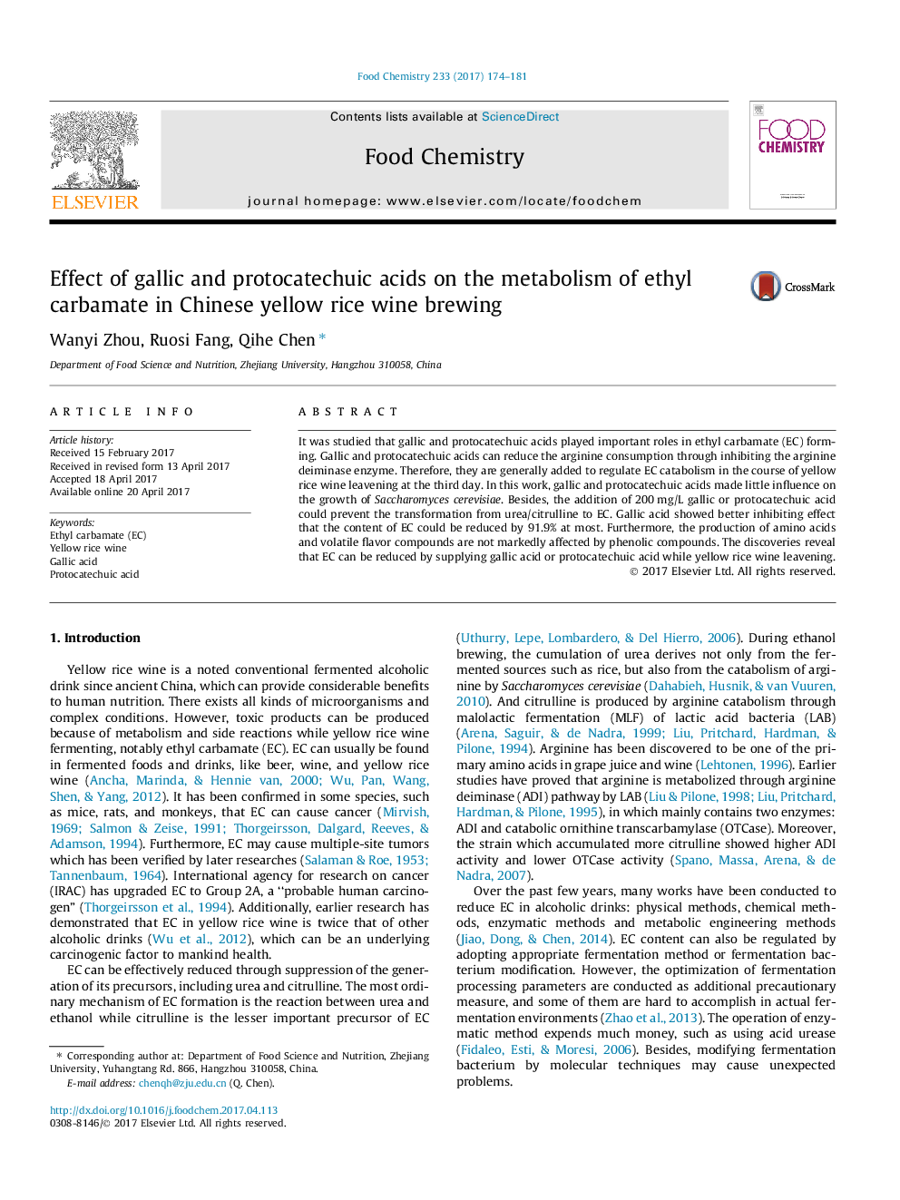 Effect of gallic and protocatechuic acids on the metabolism of ethyl carbamate in Chinese yellow rice wine brewing