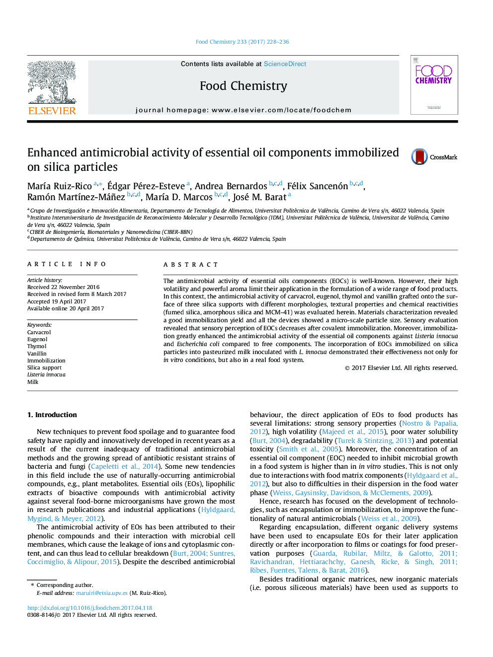 Enhanced antimicrobial activity of essential oil components immobilized on silica particles