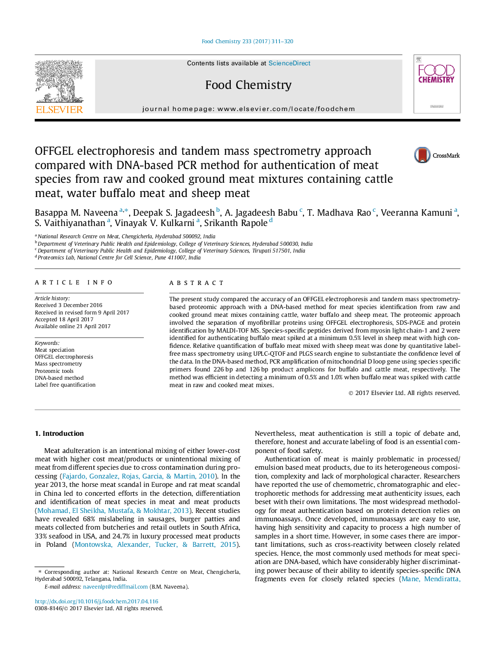 OFFGEL electrophoresis and tandem mass spectrometry approach compared with DNA-based PCR method for authentication of meat species from raw and cooked ground meat mixtures containing cattle meat, water buffalo meat and sheep meat