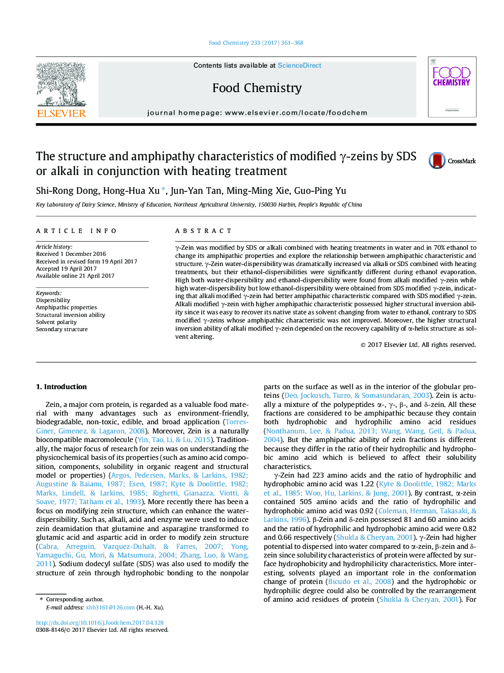 The structure and amphipathy characteristics of modified Î³-zeins by SDS or alkali in conjunction with heating treatment