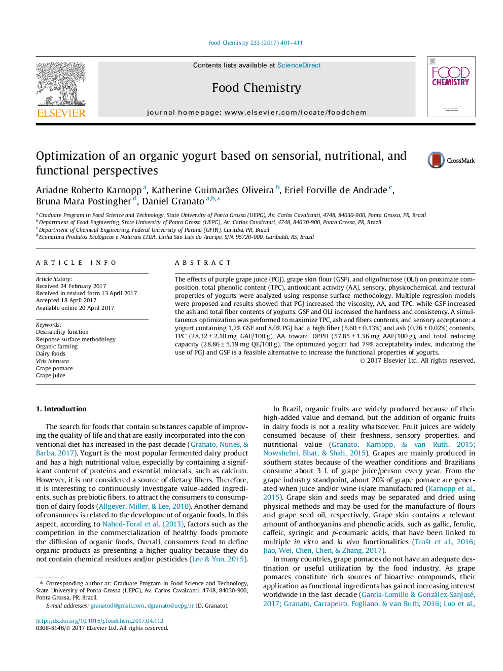 Optimization of an organic yogurt based on sensorial, nutritional, and functional perspectives