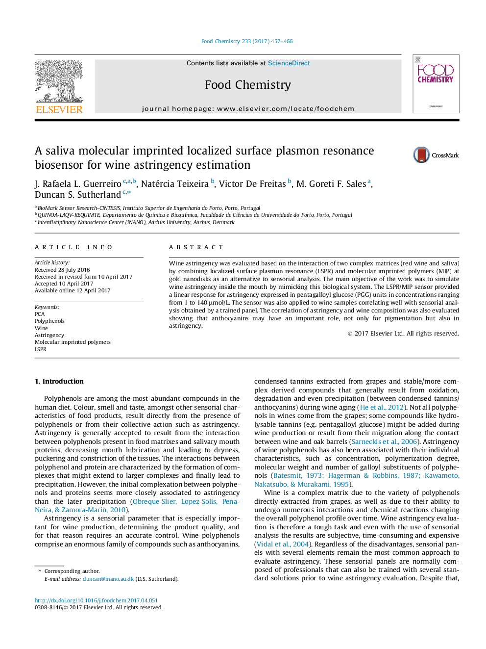 A saliva molecular imprinted localized surface plasmon resonance biosensor for wine astringency estimation