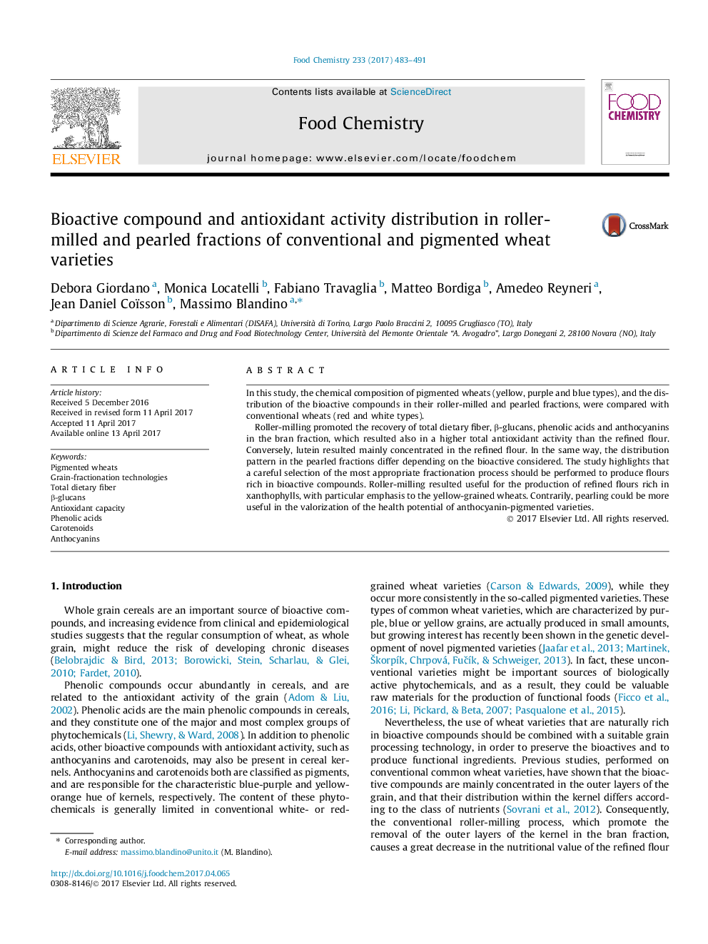 Bioactive compound and antioxidant activity distribution in roller-milled and pearled fractions of conventional and pigmented wheat varieties