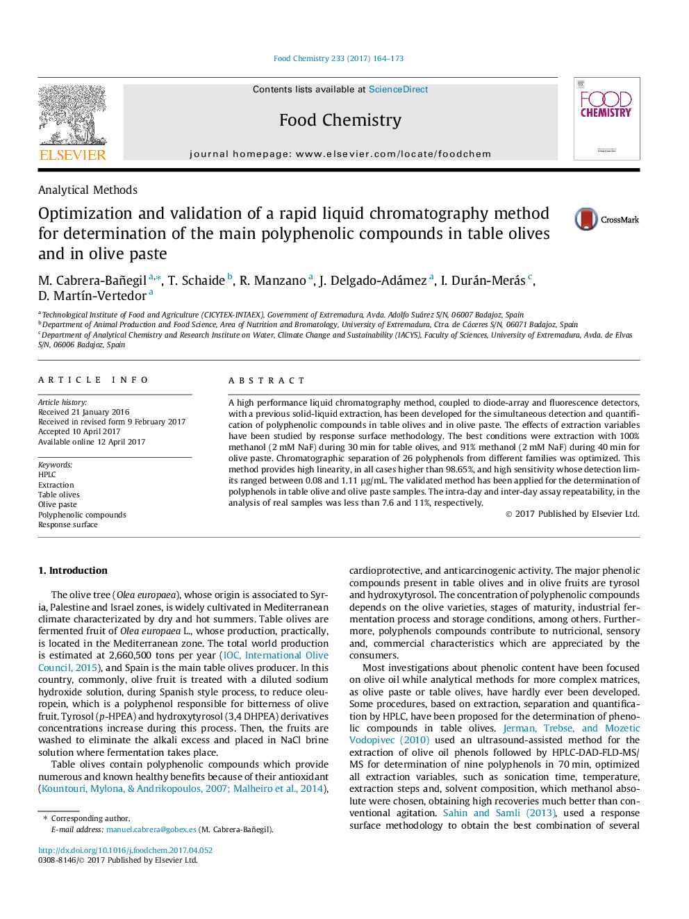 Optimization and validation of a rapid liquid chromatography method for determination of the main polyphenolic compounds in table olives and in olive paste