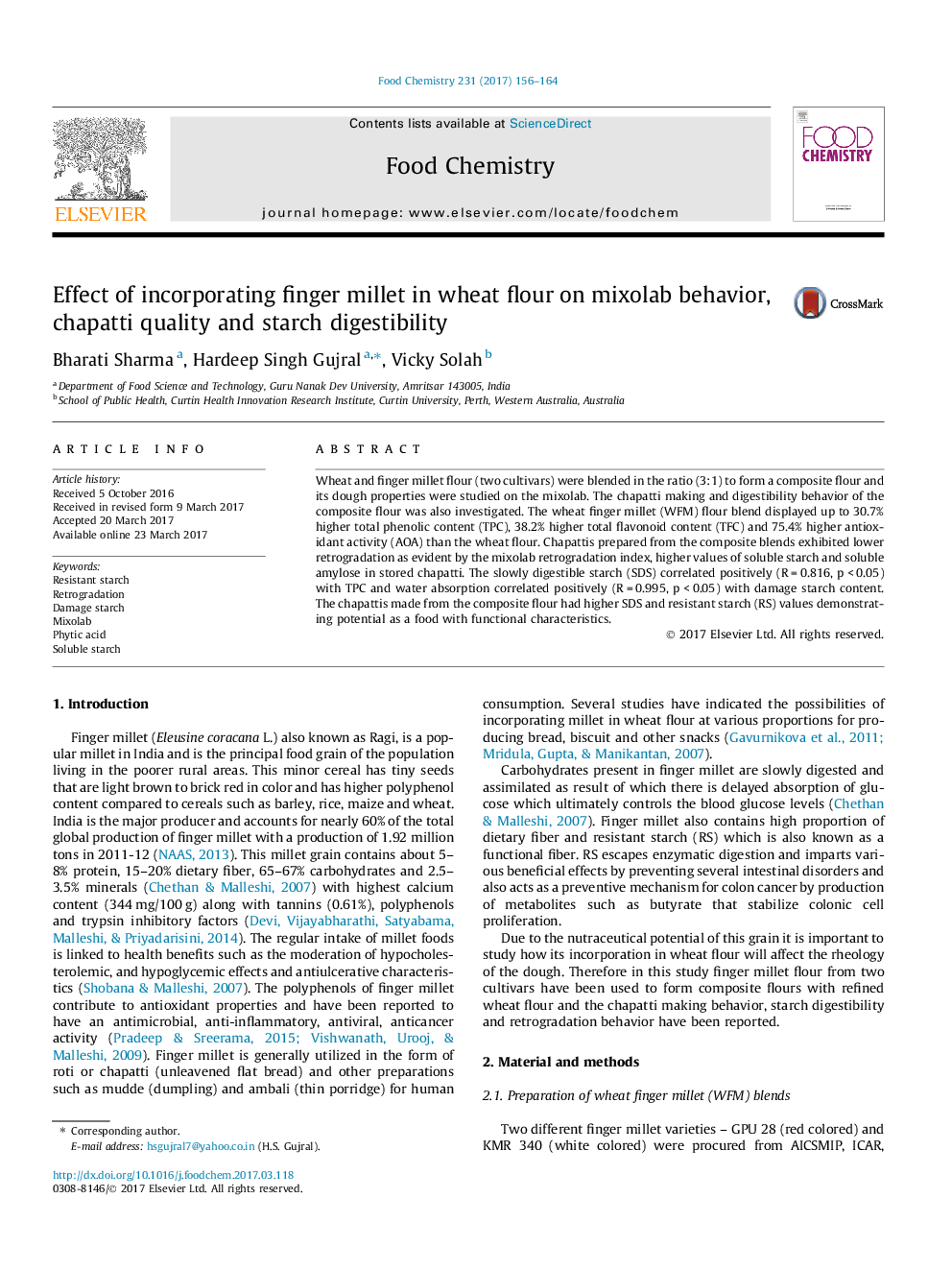 Effect of incorporating finger millet in wheat flour on mixolab behavior, chapatti quality and starch digestibility